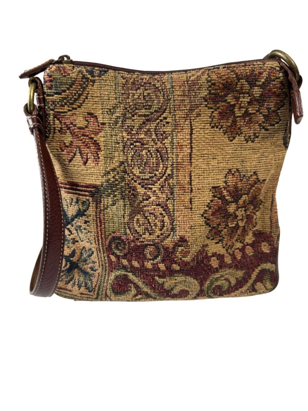 Fossil Tapestry Shoulder Bag (#75082) Leather Trim 9"x3"x9" Interior Pockets Vtg